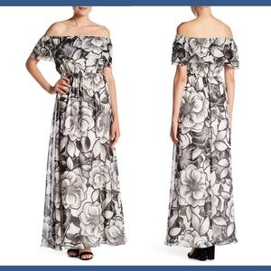 NEW Eliza J Off-the-Shoulder Chiffon Maxi Dress Black/White [ SZ 6‎ ]